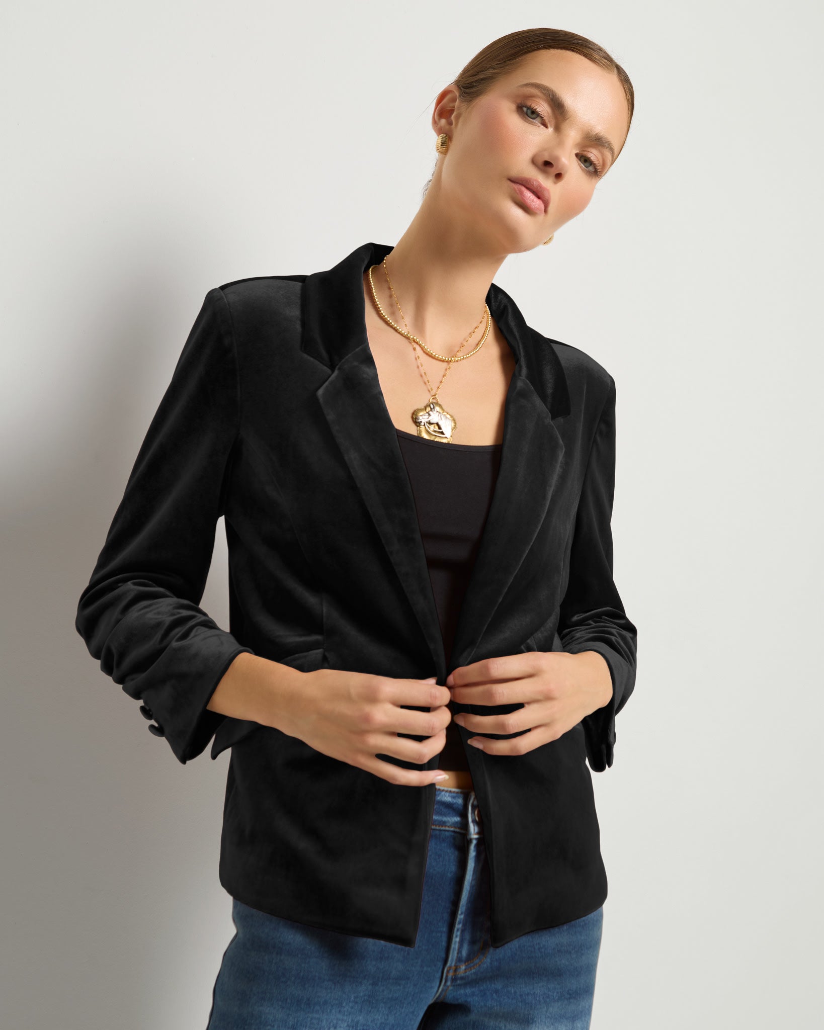 Black $|& SEAS Aries Ruched Sleeve Blazer - SOF Front