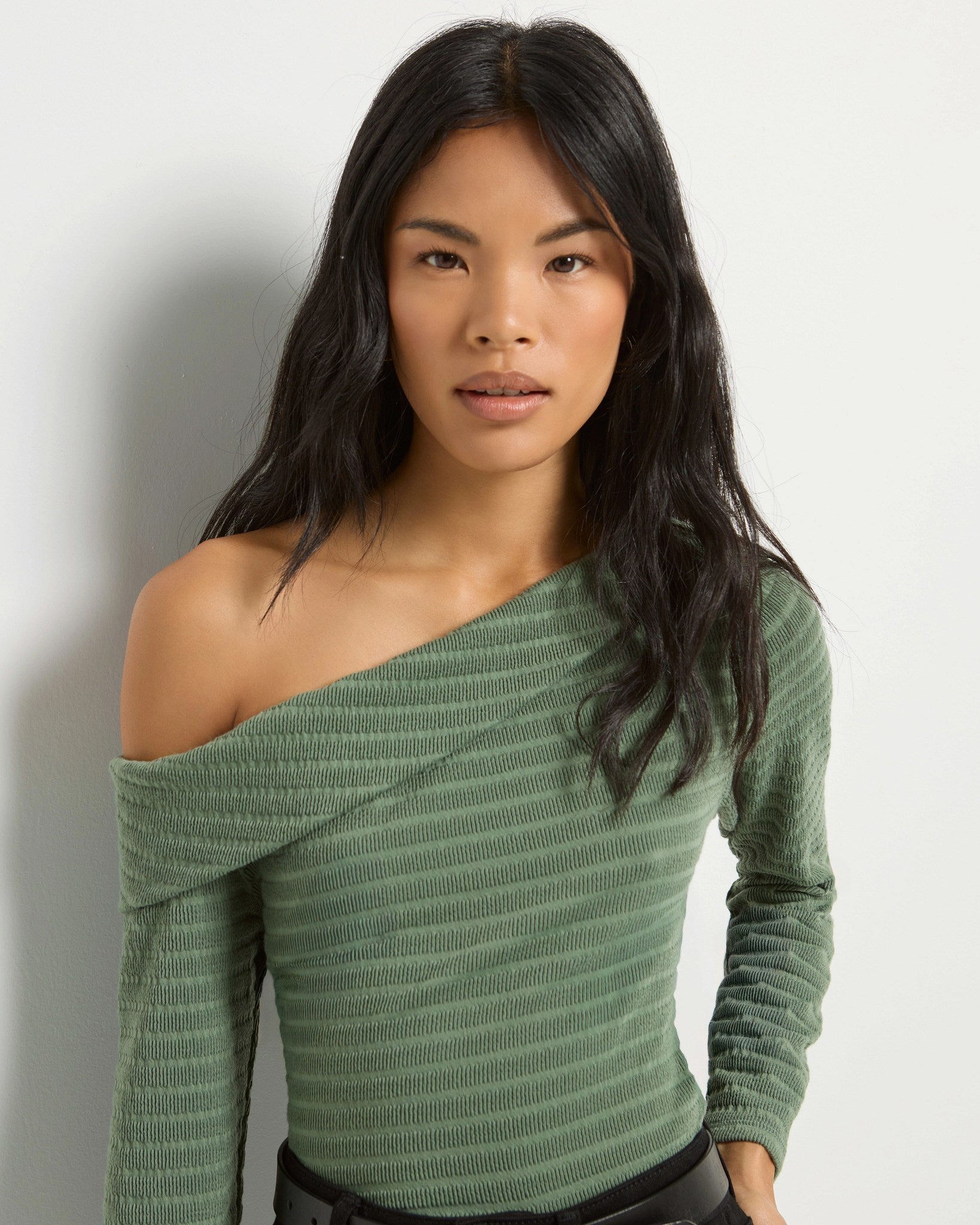 Faded Turf Green $|& SEAS Marigold One Shoulder Top - SOF Full Front
