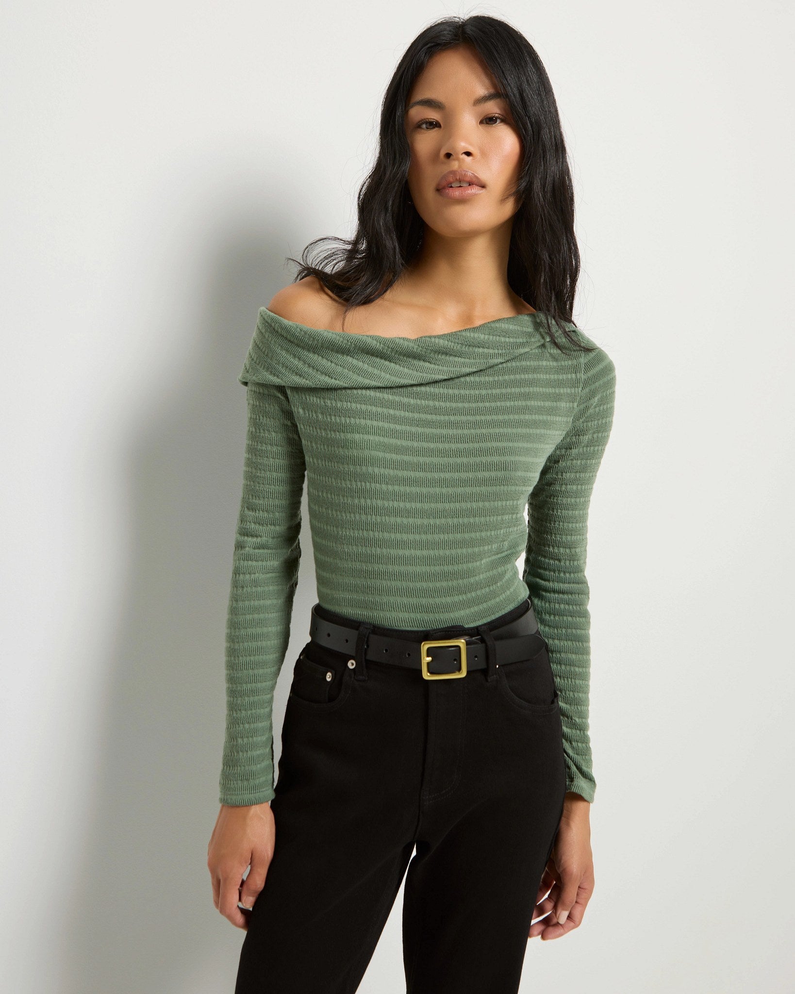 Faded Turf Green $|& SEAS Marigold One Shoulder Top - SOF Front